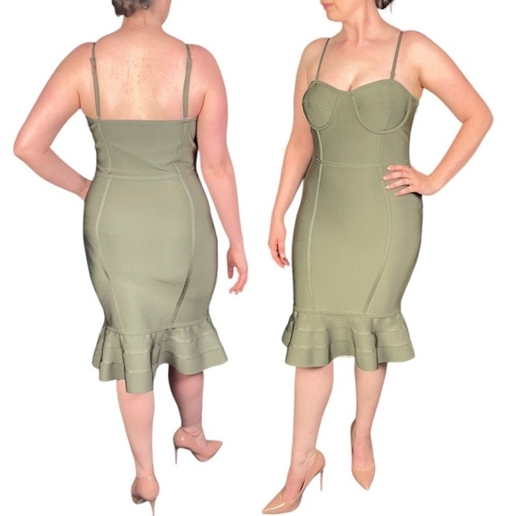 BEBE BUSTIER BODYCON OLIVE GREEN STRETCH MERMAID HEM MIDI DRESS - Picture 2 of 14